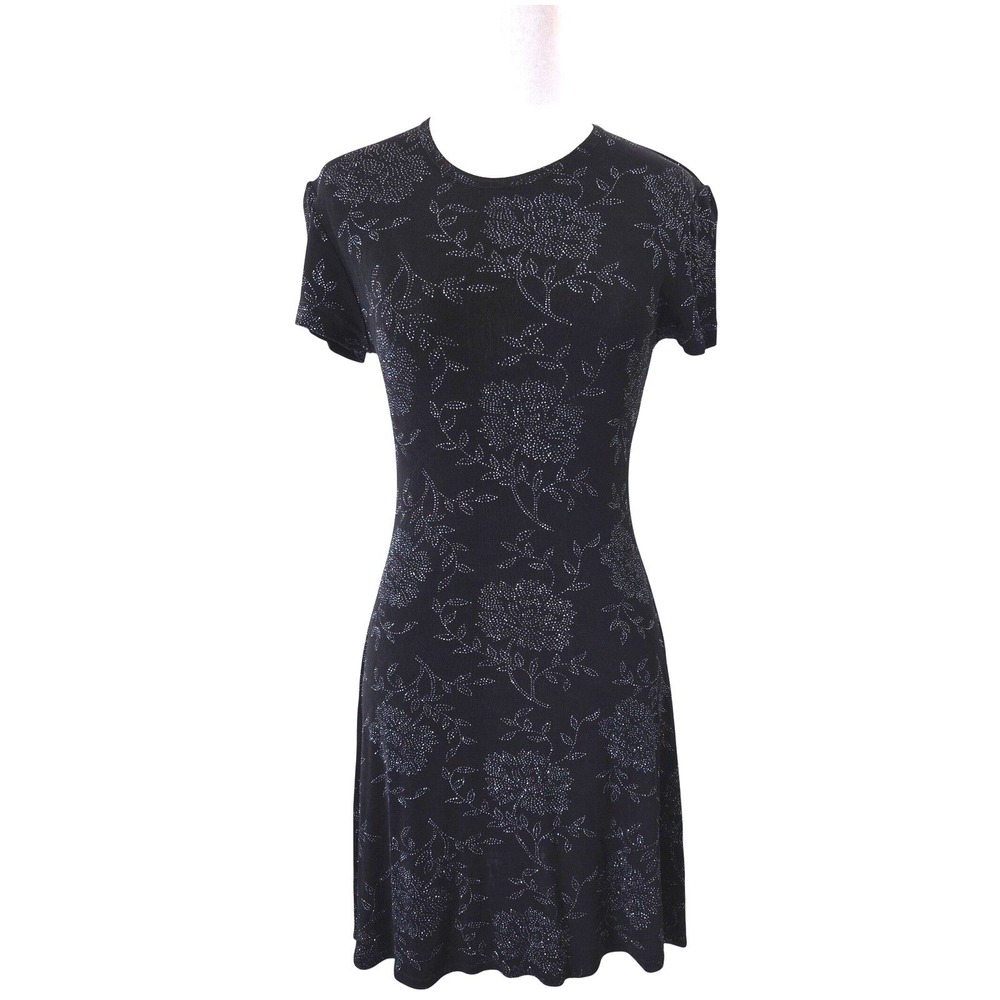 Y2K Marian & Maral Black Silver Glitter Floral Ribbed Short Sleeve Mini Dress S
